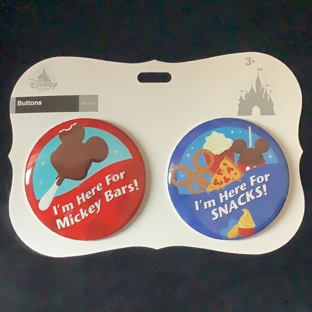 Disney Parks Exclusive 3” Pin Back Button Set Mickey Bars & Snacks Collector NWT